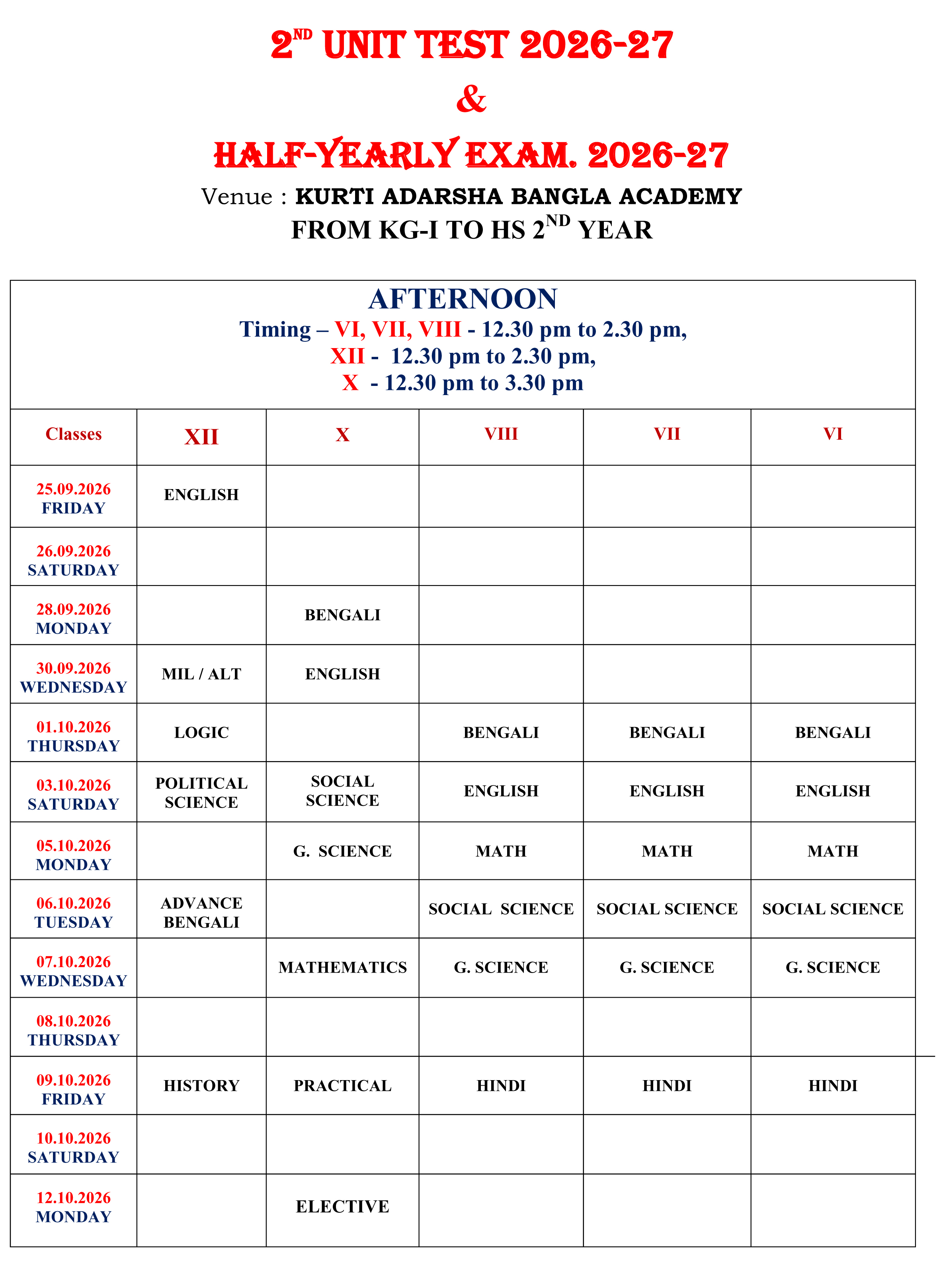 HALF YEARLY EXAMINATION 2026-27 (AFTERNOON)